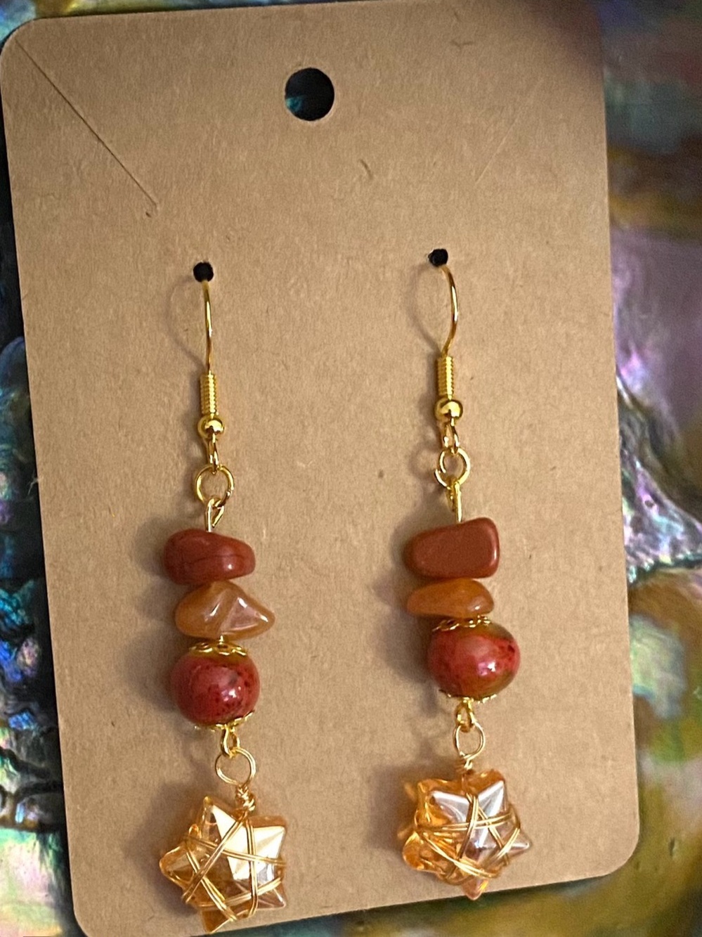 Gold-Tone Drop Earrings with Red and Amber Beads